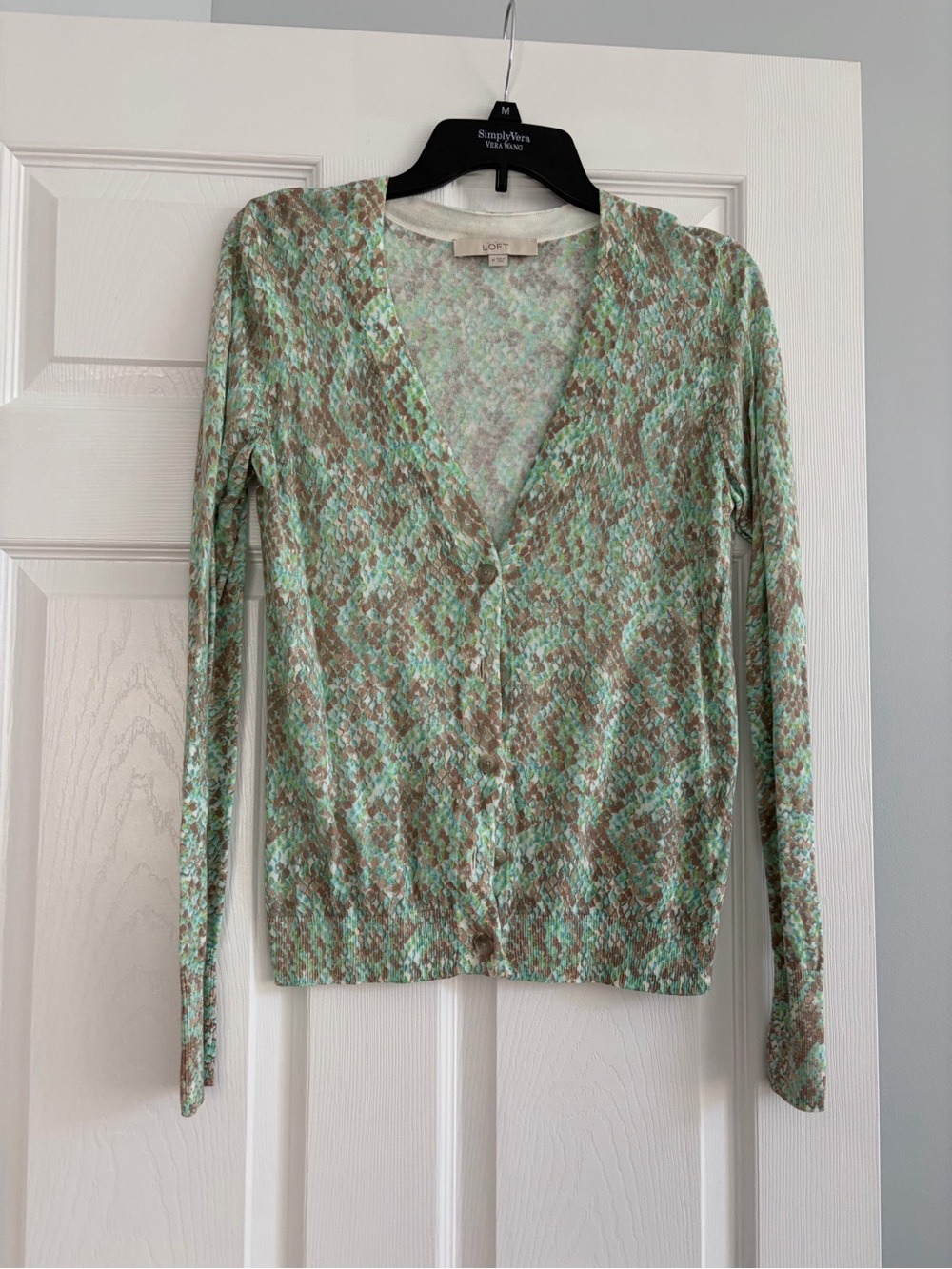 LOFT Green & Brown Snakeskin Print V-Neck Button Down Cardigan EUC